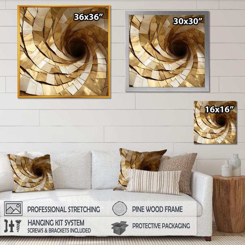 Spirale abstraite moderne en marbre blanc et or I, Cadre simple noir, H 16 po x l 16 po x P 1 po