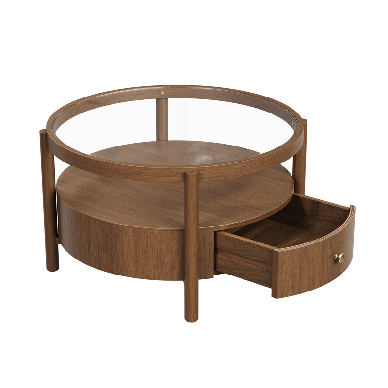 Table basse 29,5 "Mid-Century moderne à 2 niveaux avec plateau en verre trempé et tiroir de rangement