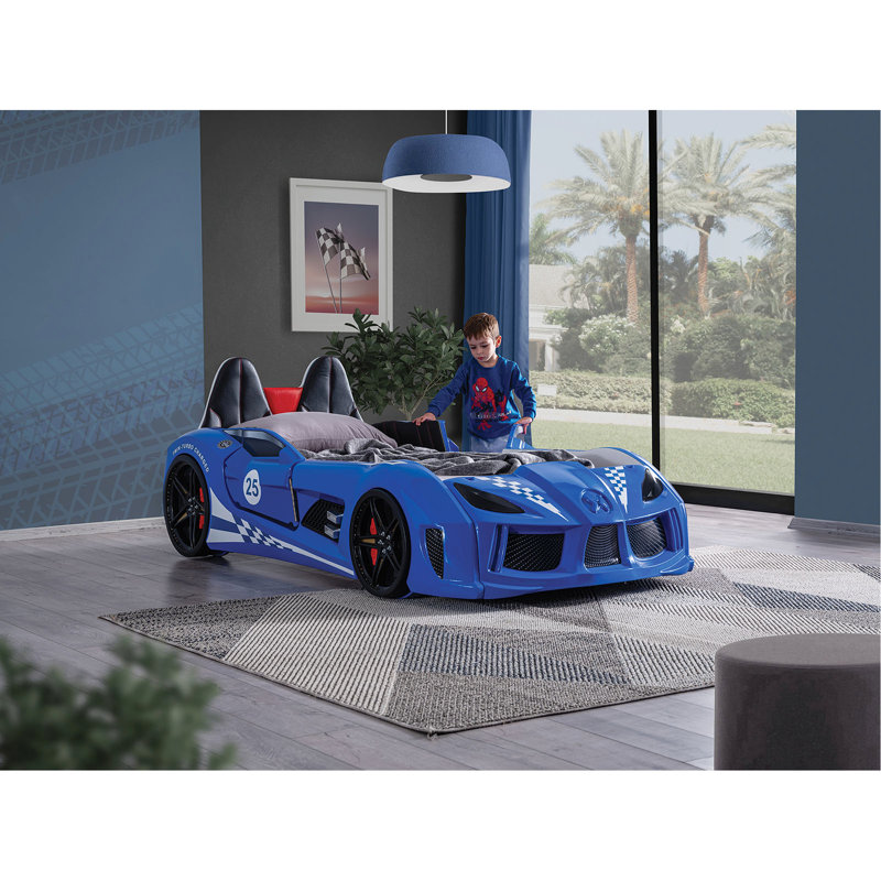 Twin Size Race Car Bed In Blue, Modern Novelty Design, Magnetic Opening Doors, Embedded Led Lights On Wheels, Upholstered Sides, 4 Sound Remote Blue Style, Two Headboard,