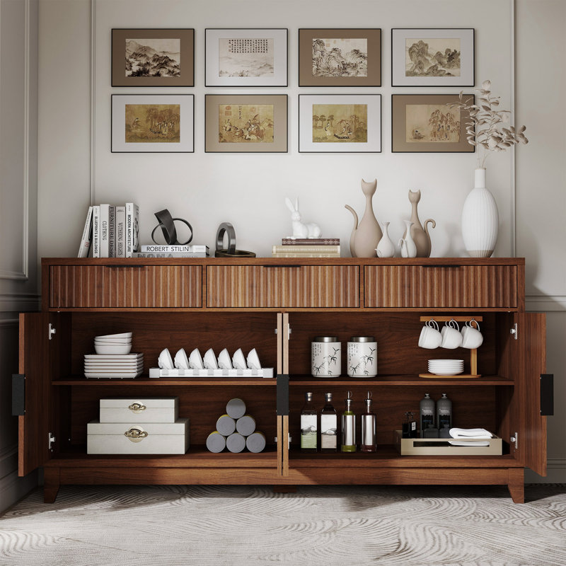 55" 4-Door Buffet Cabinet Sideboard Storage Cabinet With Doors And Shelves, Walnut