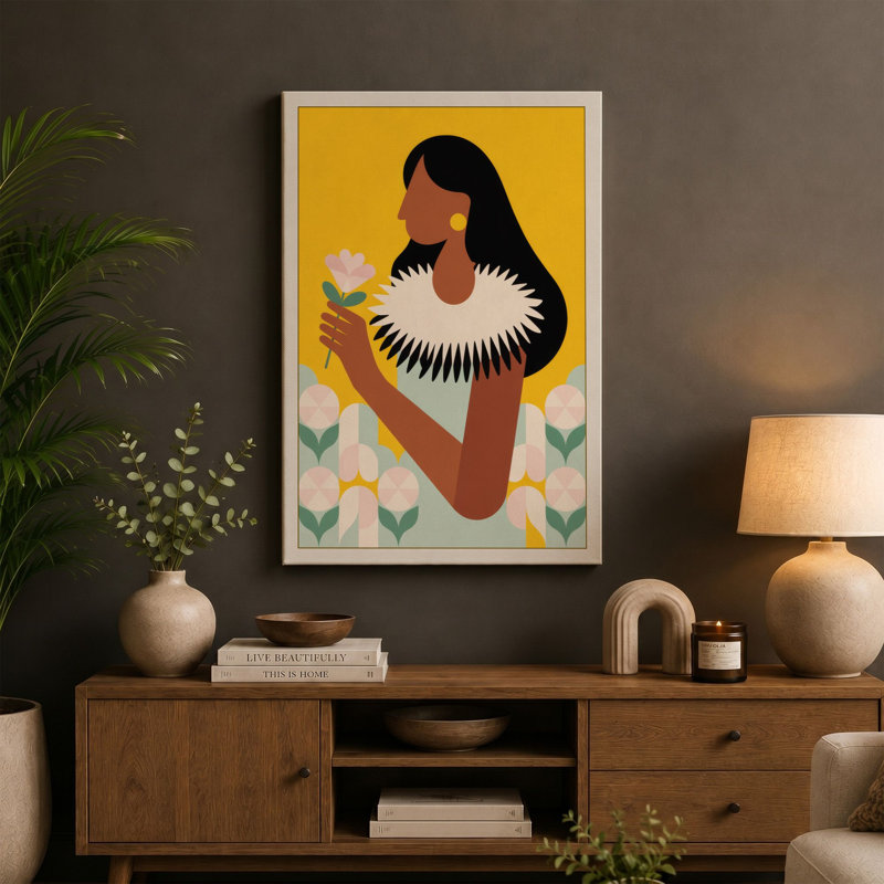 Woman with Potted Flower Modern - Wrapped Canvas, 30x20 - 76.2 x 50.8 cm, Terracotta Border