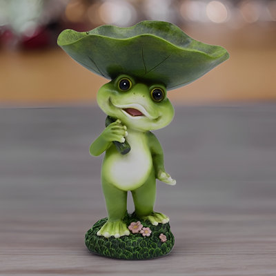 8"H Frog with Lily Pad Bird Feeder Figurine