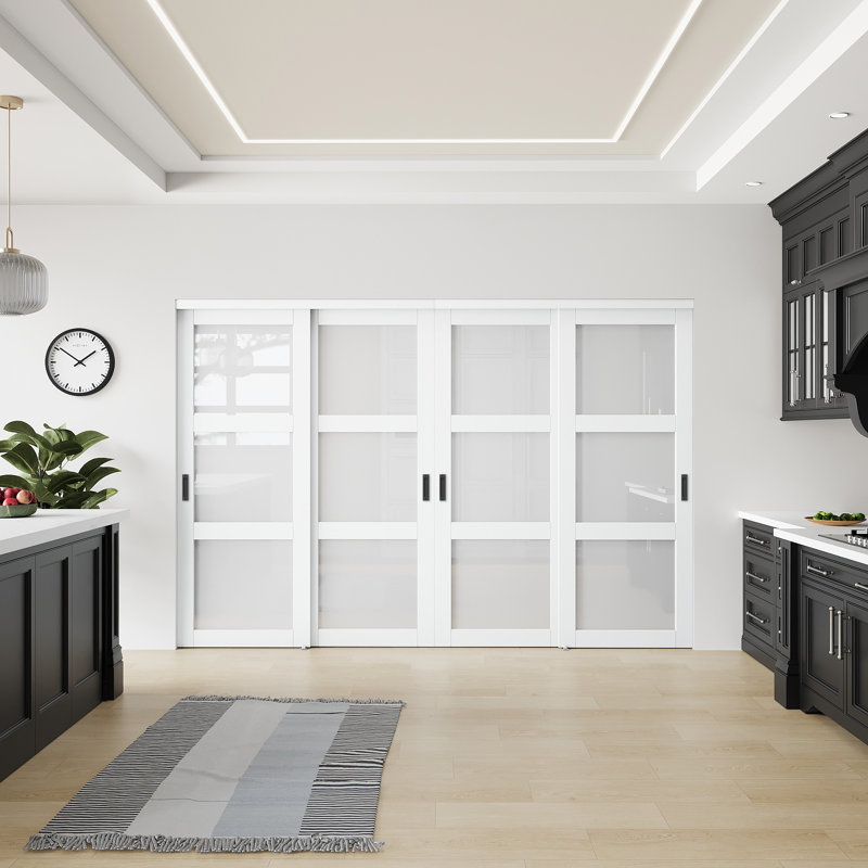 96 po H 96 po 3 portes de placard coulissantes givrées blanches apprêtées avec ensemble de quincaillerie, 120 po x 96 po 