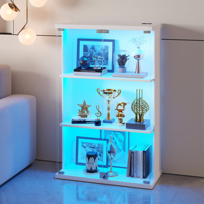 Display Cabinet With Tempered Glass Doors, Rgb Lights And Human Body Sensor, 3-tier Bookcase