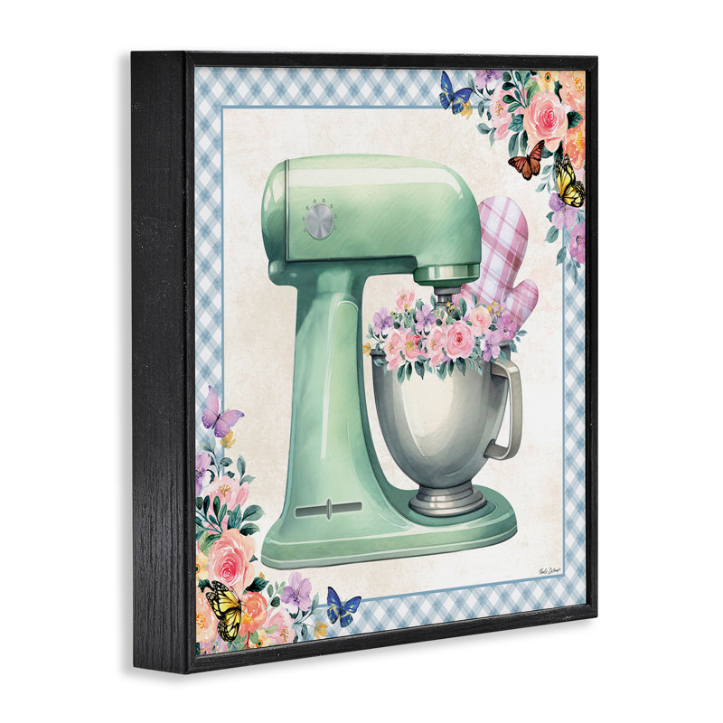 Mélangeur de cuisine avec fleurs, estampe numérique par Nicole DeCamp, H 24 po x l 24 po, Giclée encadrée noir minuit