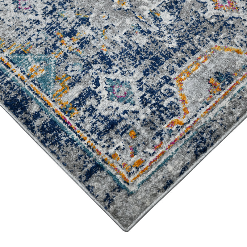 Blue and Orange Rectangular Synthetic Reversible Area Rug