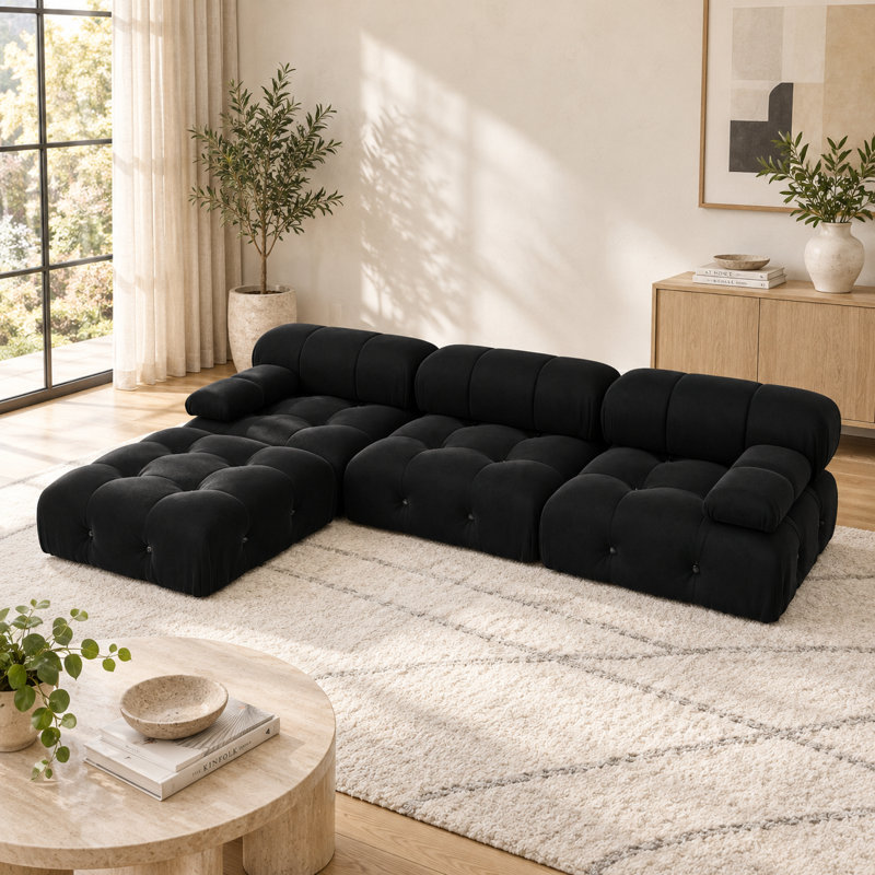Jesse 104" Wide Velvet Reversible Modular L Shaped Sectional Sofa & Chaise with Ottoman, Velvet Black