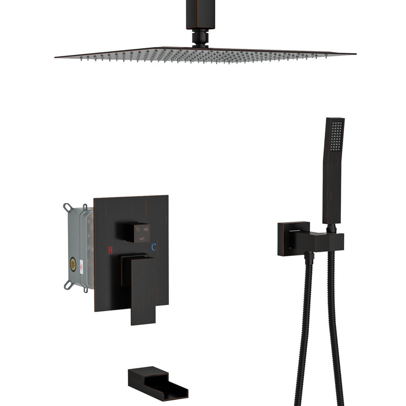 Oil Rubber Bronze Shower With Waterfall Spout & Adjustable Head System Tub Three-Valve Diverter -, Oil Rubbed Bronze