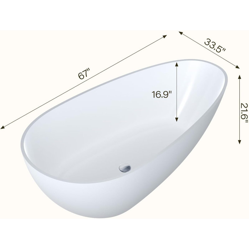 Freestanding Bathtubs 67 inch – Matte White Modern Freestanding Soaking Tub, Ergonomic Freestanding Tub in Solid Stone, Sleek Oval Design, Stand Alone Bathtub for Main or Guest Bathroom