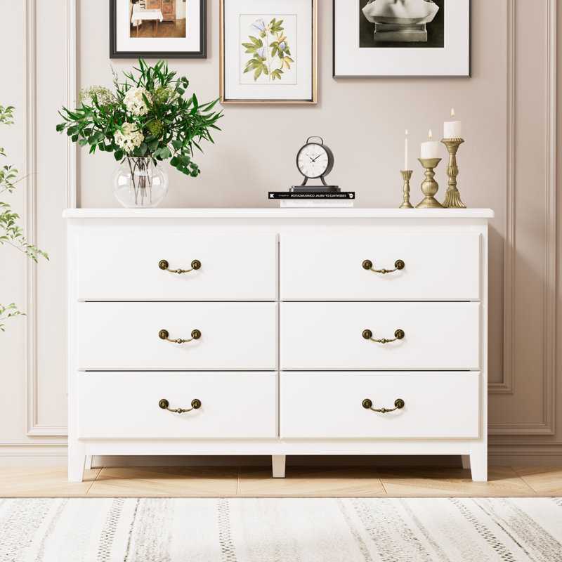 Commode double 6 tiroirs, grande commode de rangement avec poignée en laiton pour chambre à coucher, salon, Blanc