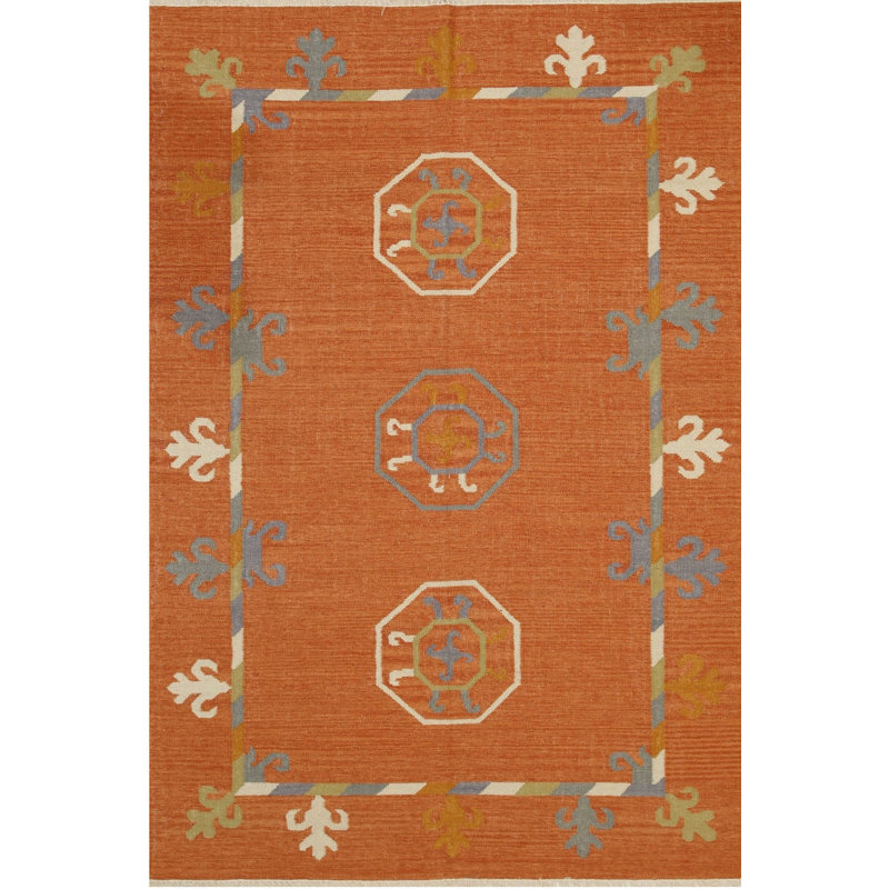 Coral Hand-Knotted Wool Octagonal Fleur Border Geometric Modern Contemporary Carpet Rug, 5' x 8'