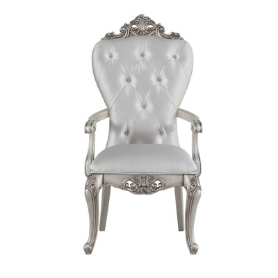 Cream Upholstered Arm Chairs With Golden Trim - Elegant Dining Area Rectangular Shape 2 And Stylish Room Raised Molding