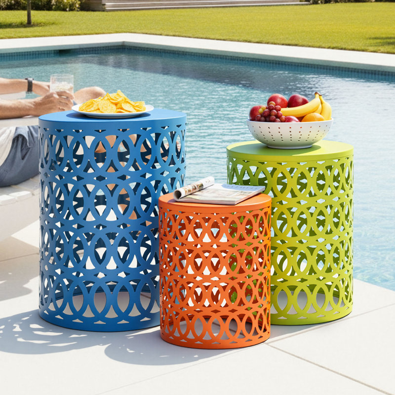 22" H Metal Side Table Coffee Table Set of 3, Decorative Nesting Accent Table, Weather-Resistant for Living Room, Garden, Patio, Decor Decor, Blue, Yellow & Orange