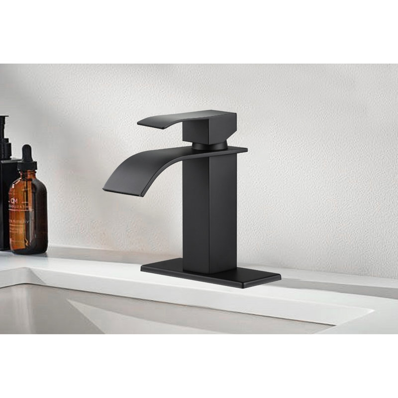Robinet de lavabo de salle de bain en acier inoxydable avec bec cascade, poignée simple pour l'utilisateur - Régulation du débit d'eau, robinet noir mat, construction sans effort