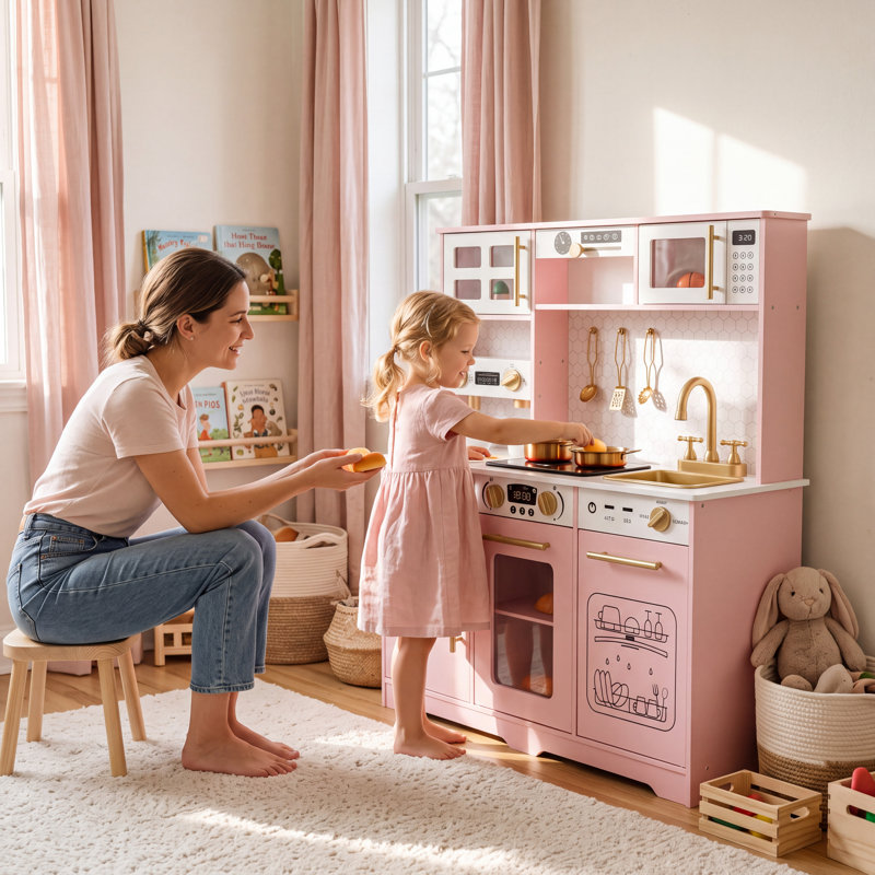 Cuisine en bois pour enfants avec lumières et sons, cuisine de jeu d'imitation avec accessoires pour les tout-petits de 3 à 8 ans