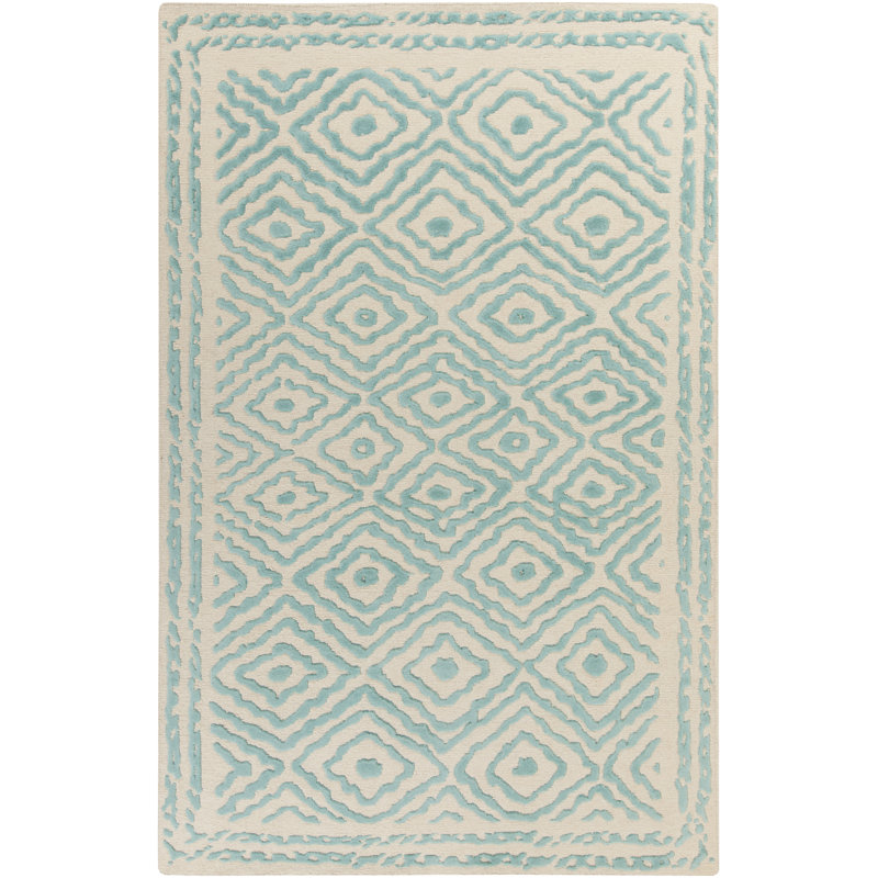 Tapis bleu sarcelle / beige en laine tissé à la main Sala, Rectangle 2 pi x 3 pi