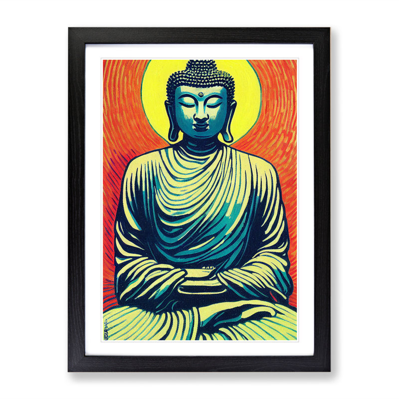 Buddha and the Sun - Wall Art, 36cm H x 27cm W x 2cm D, Black Framed, White