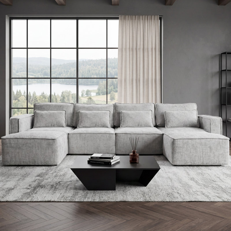 Canapé modulaire avec passepoil Pearl Chenille - Canapé confortable et élégant avec poches de rangement, Gris