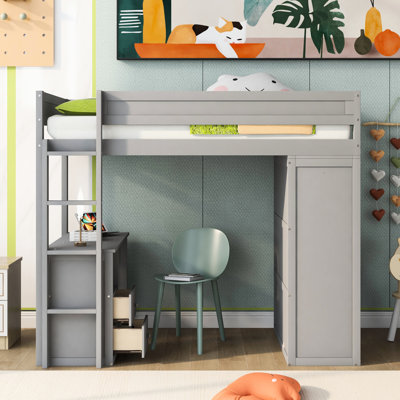 Lit mezzanine simple avec placards, bureau et armoire, armoire en bois gris