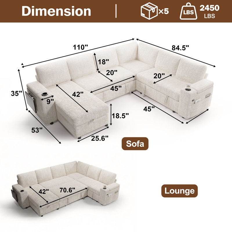 110" Modular Sectional Pull-Out Sofa With Side Table, Cupholders, Charging Ports, Beige