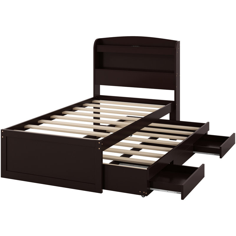 Lit plateforme simple TG avec rangement, 2 tiroirs et lit gigogne, tête de lit à DEL brun foncé, tiroirs, teinte