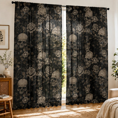 2Pcs Skull Rose Print Sheer Curtains, Gothic Aesthetic, Dark Floral Pattern, Vintage Style, Bedroom Window Decor, Living Room, Halloween Party Accents, Rod Pocket Hanging, Light Filtering