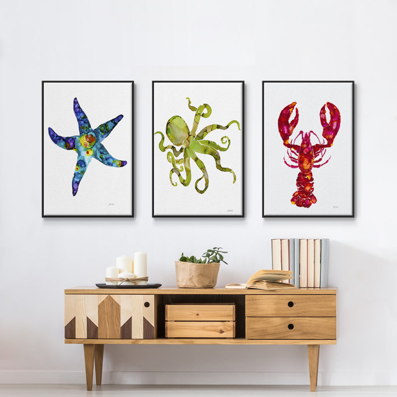 Homard, impression sur toile 3 pièces, H 24 po x l 48 po x P 2 po, Noir