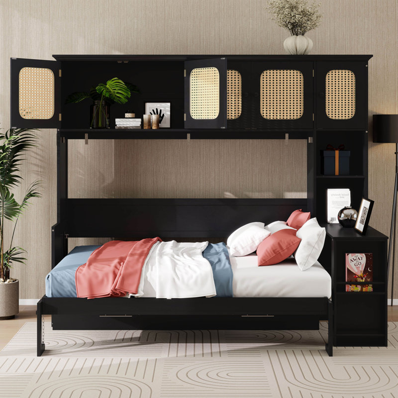 Lit escamotable avec bureau et armoires en rotin, lit escamotable peu encombrant, Black