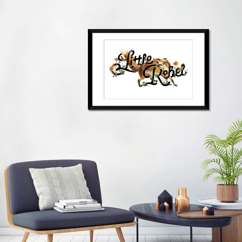 « little rebel fox », art textuel sur toile, H 16 po x l 24 po x P 1 po, Papier d'art encadré noir, Blanc
