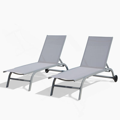 Chaise Lounge Outdoor Set Of 2, Adjustable Backrest, Wheels, Durable And Comfortable For Patio, Beach, Yard, Deck, Poolside (Grey)