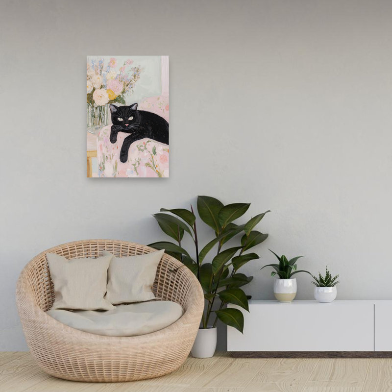 Black Cat Floral Charm Elegant Contemporary Cat Flower Portrait Wall Art Print 1 Piece Wrapped Canvas Wall Art