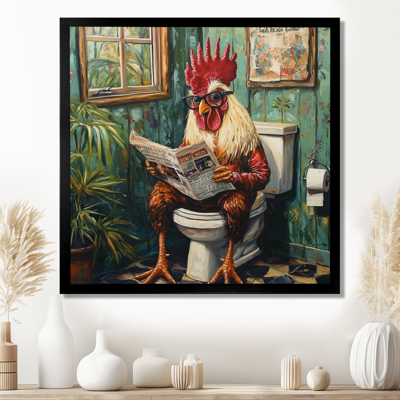 Kendalynn, coq lisant un journal dans la toilette I - coq, art mural, Reproduction encadrée d'une seule photo