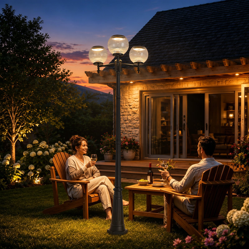 Lampadaire d'extérieur à énergie solaire avec capteur de crépuscule à l'aube, lampadaire romain 3 lumières