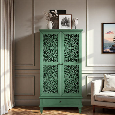 Vintage Pantry Cabinet With Drawer, 2 Hollow-carved Doors And Wood Legs by World Menagerie