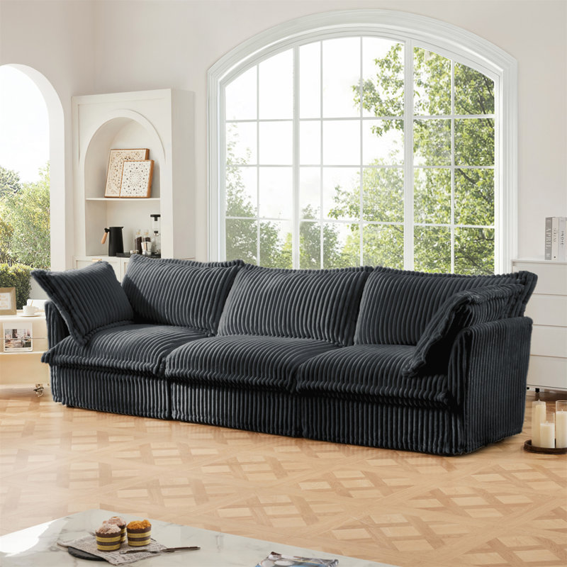 Canapé à housse, 3, H 34,6 po x l 120 po x P 33 po, Velours côtelé gris