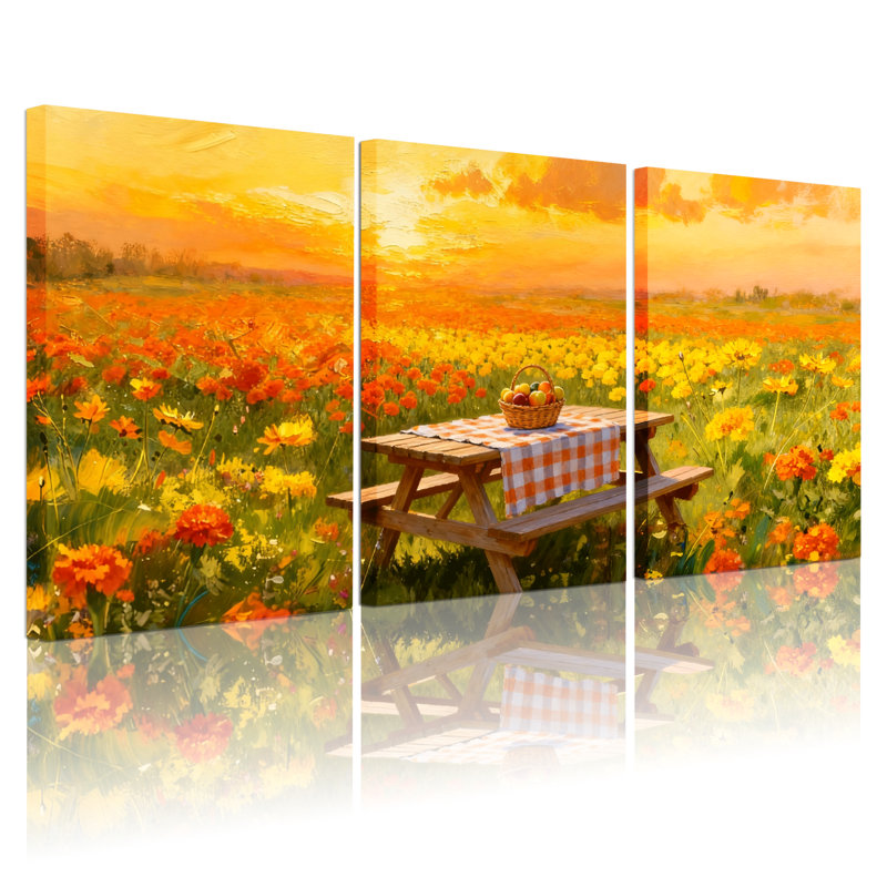 Assortiment de bouquets de fleurs, coucher de soleil, champ de pique-nique, panier de fleurs, ensemble de 3 toiles