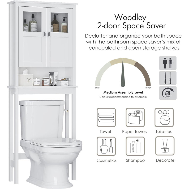 White Over-the-Toilet Bathroom Storage Cabinet with Glass Doors