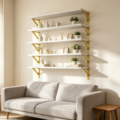 Étagères murales flottantes pour décoration intérieure, grain de bois naturel, supports triangulaires robustes, polyvalentes pour toute pièce, ensemble de 5