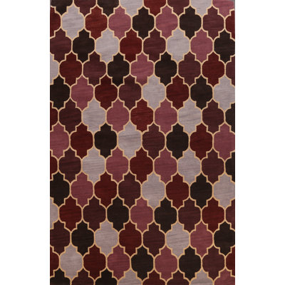 Tapis rouge / noir / beige en laine touffeté à la main à motif géométrique