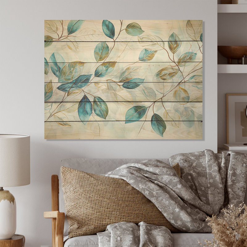 Green Leaves Charm Liquid Art - Leaves Wood Wall Art On Natural Pine Wood, 24" H x 32" W