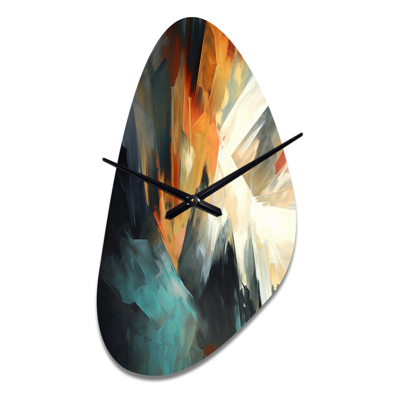 Faucette orange et bleu abstrait couleurs mélangées I - horloge murale asymétrique en métal minimaliste, impression d'horloge murale moderne de forme irrégulière