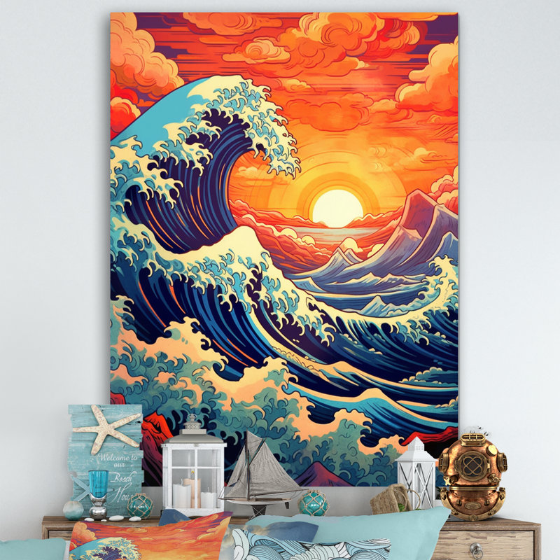 «Majestic Sunset Wild Waves Breaking Retro», reproduction sur toile encadrée, H 32 po x l 24 po x P 1 po, Toile tendue
