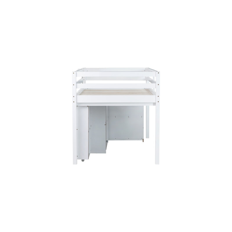 Lit mezzanine simple blanc avec tiroirs de rangement, bureau coulissant et barrière de sécurité - Lit en bois d'hévéa massif