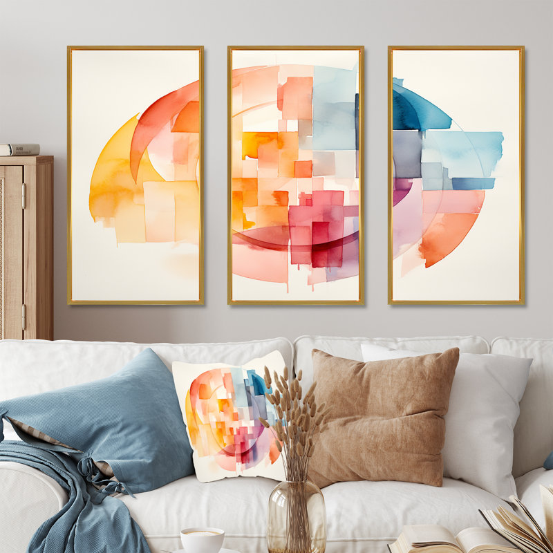 «Pastel Color Geometric Ink Collage II», art mural géométrique, Cadre flottant doré, H 28 po x l 36 po x P 1 po