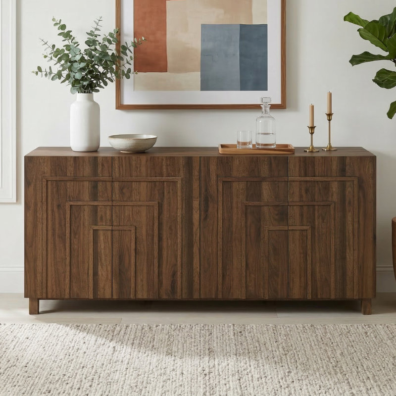 Ann 63" W 4-Door Sideboard Cabinet with Stepped Panel Doors, Walnut