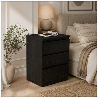 Table de chevet 19,7 pouces noire avec 3 tiroirs, table d'appoint avec poignées sans poignée, plateau supérieur épaissi, petite table de chevet avec 3 tiroirs pour la chambre à coucher et le salon