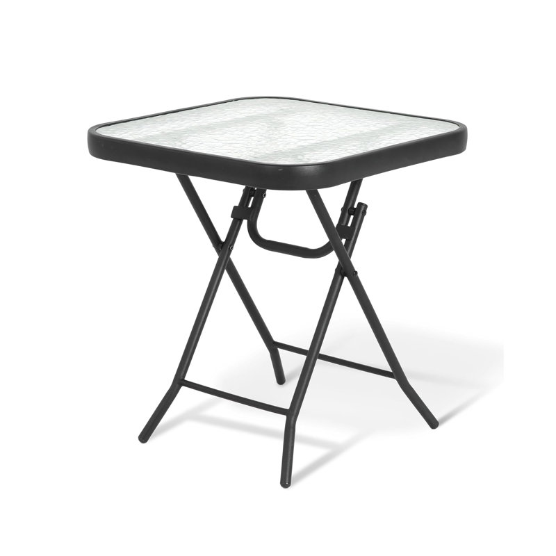 Folding Patio Side Table with Square Tempered Glass Tabletop