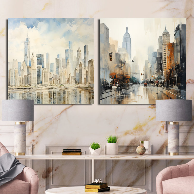 Ivoire Infinity Skyscraper Cityscape II - ensemble de 2 gratte-ciel carrés, Toile tendue, H 16 po x l 33 po