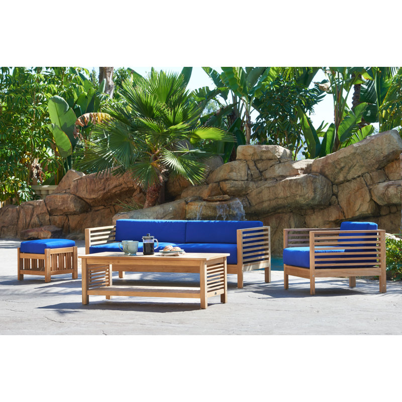 Summer 4 Piece Rattan Sunbrella Sofa Set with Cushions, Brown, Navy