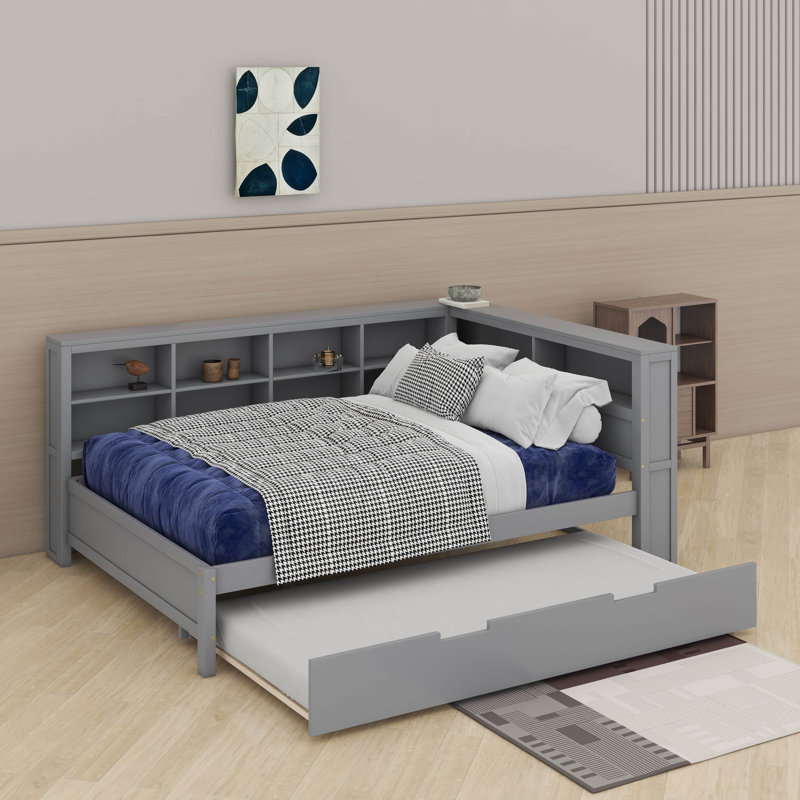 Wooden Daybed With Trundle, Daybed With Storage Shelf And USB Charging Ports, Full, Gray